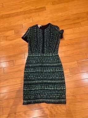 Oscar de la Renta Black and Green Patterned Midi Dress